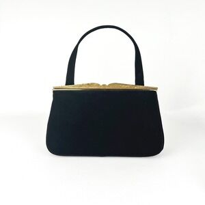 Vintage 1950s Block Black Suede Evening Bag Gold Frame Top Handle Purse